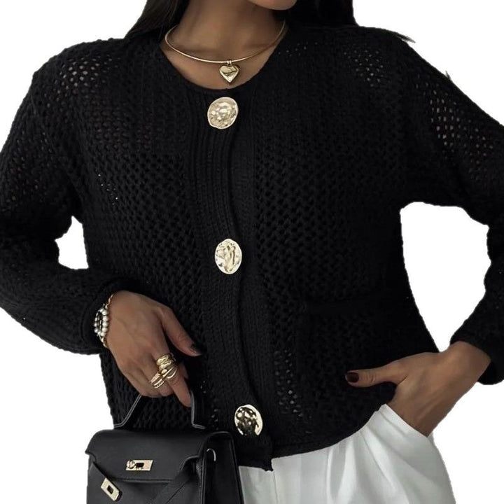Damen luftiger Strickjacke mit dekorativem Netzdesign und praktischen Taschen Drune