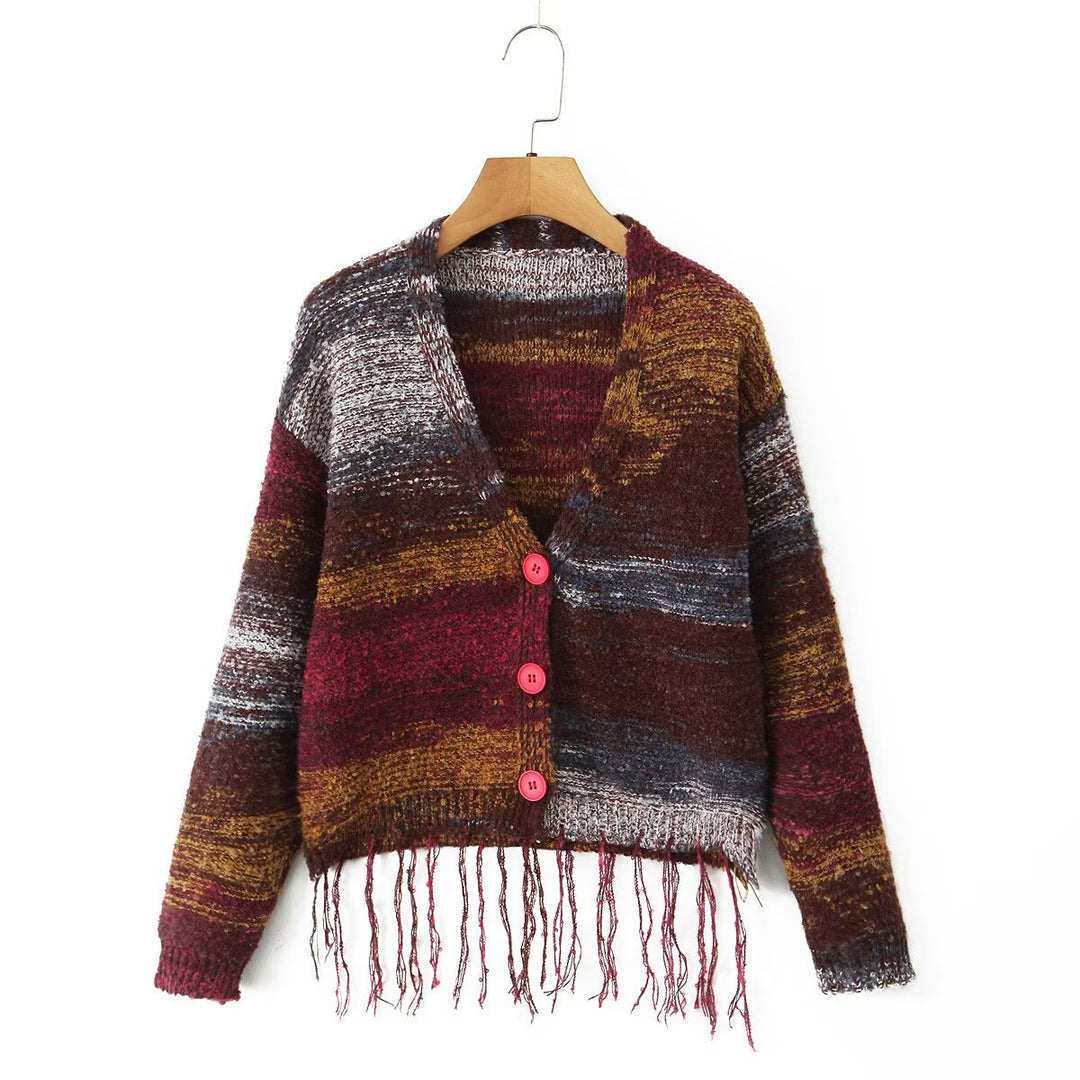 Damen Langärmliger Strickcardigan mit Fransen Drune