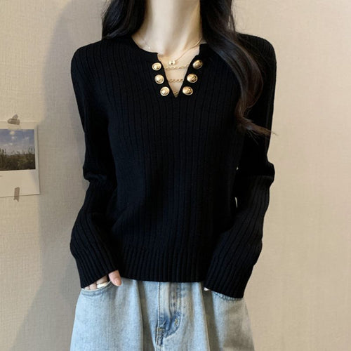 Damen Rippstrickpullover mit dekorativen Knöpfen Drune