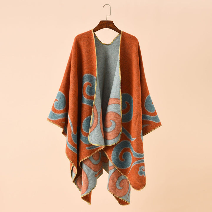 Damen Wollmix-Capeponcho im Ruana-Schnitt mit ornamentaler Intarsienstruktur Drune