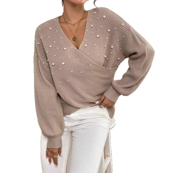 Damen offener Strickpullover mit Perlendetails Drune