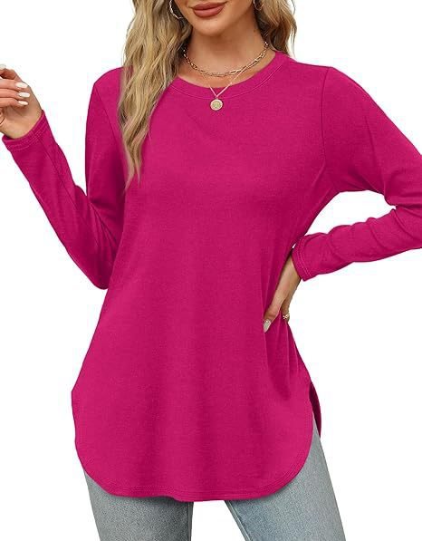 Damen Lässiges Longsleeve-Tunikaoberteil mit Rundhalsausschnitt, Seitenschlitzen und Aquarell-Blattprint Drune