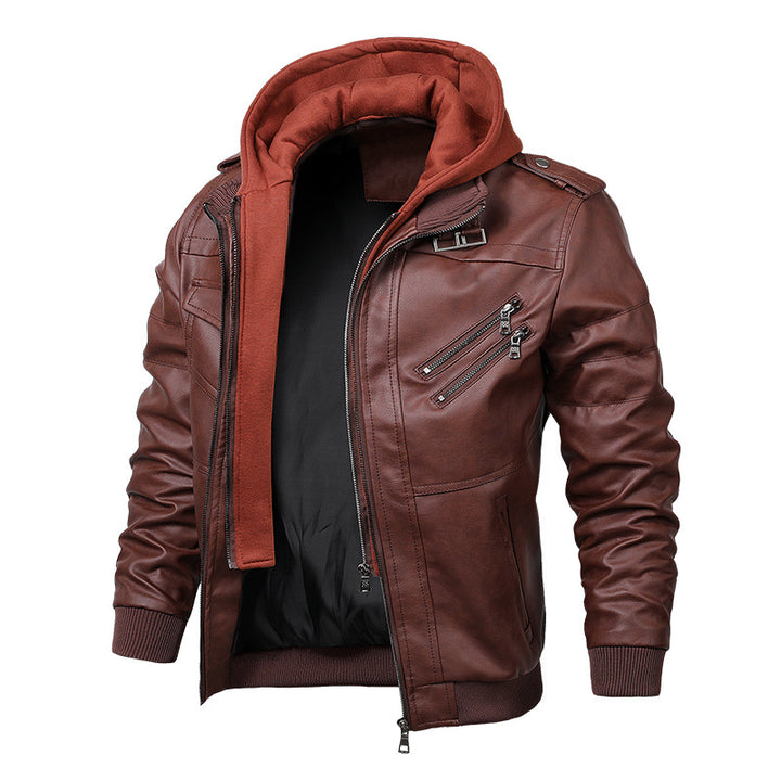 Herren Lederimitat-Fieldblouson mit innenliegendem Hoodie, Reißverschluss-Brusttaschen und Rippbündchen Drune