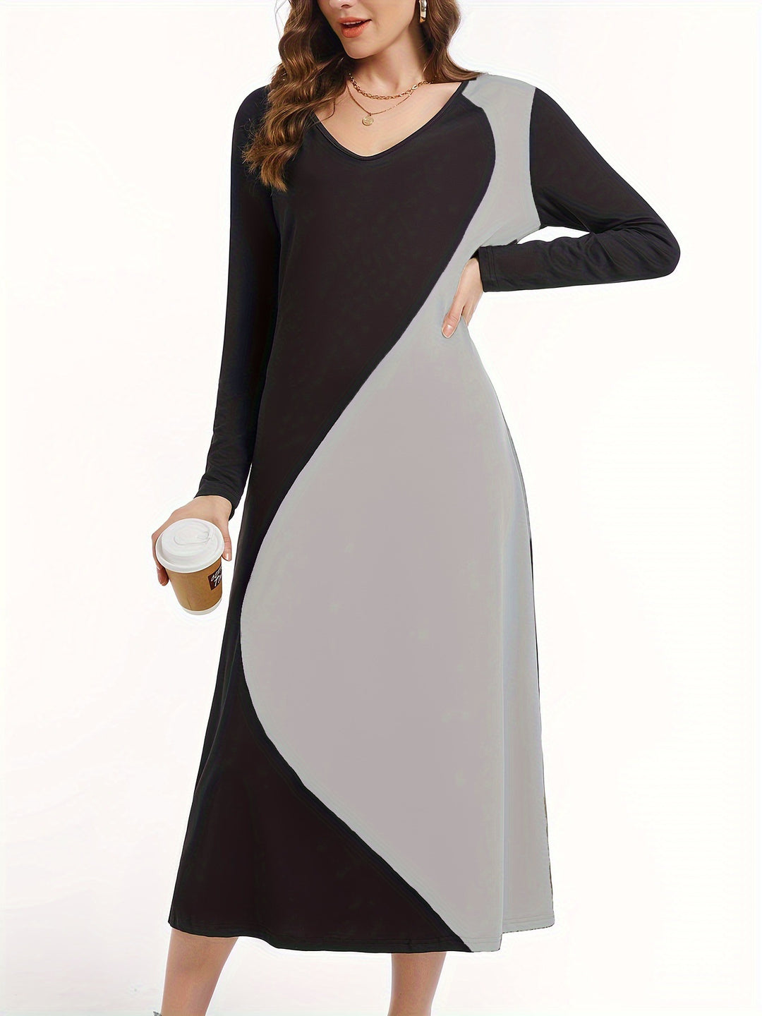 Damen Langarm Maxikleid mit modernem geometrischem Design Drune