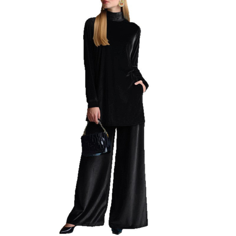 Damen Oversize-Samt-Set mit Rollkragen und weitem Palazzohose Drune