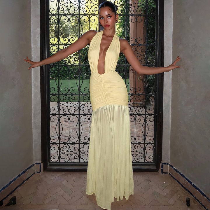 Damen Elegantes Maxikleid mit tiefem V-Ausschnitt und raffinierten Raffungselementen Drune