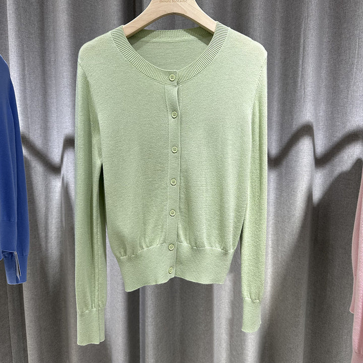 Damen Feiner Rundhals-Feinstrick-Cardigan mit schmaler Silhouette & verlängerten Bündchen Drune