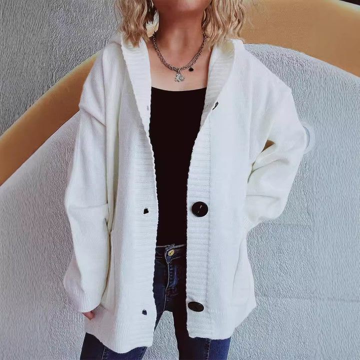 Damen kuschelige Strickjacke mit Kapuze und aufgesetzten Taschen Drune