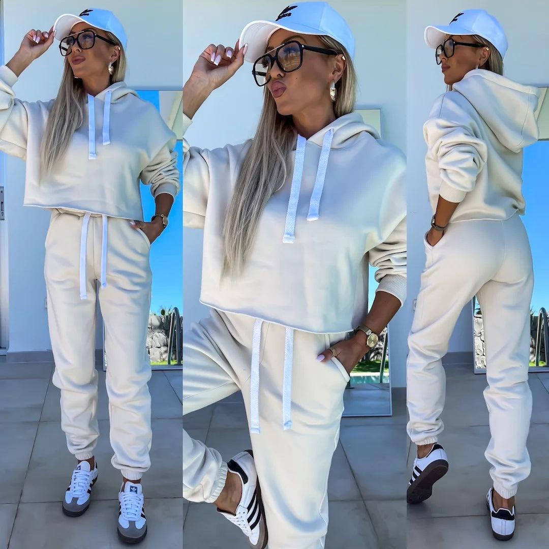 Damen sportliches Cropped Hoodie und Jogginghose-Set Drune