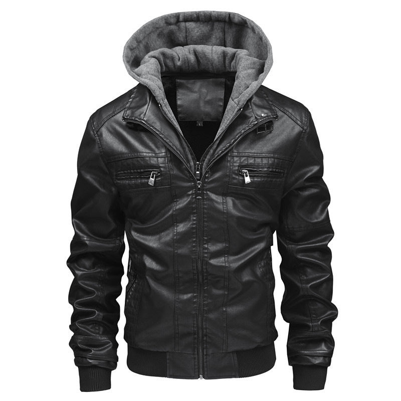 Herren Modische Kunstlederjacke mit integrierter Kapuze Drune