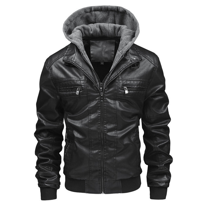 Herren Modische Kunstlederjacke mit integrierter Kapuze Drune