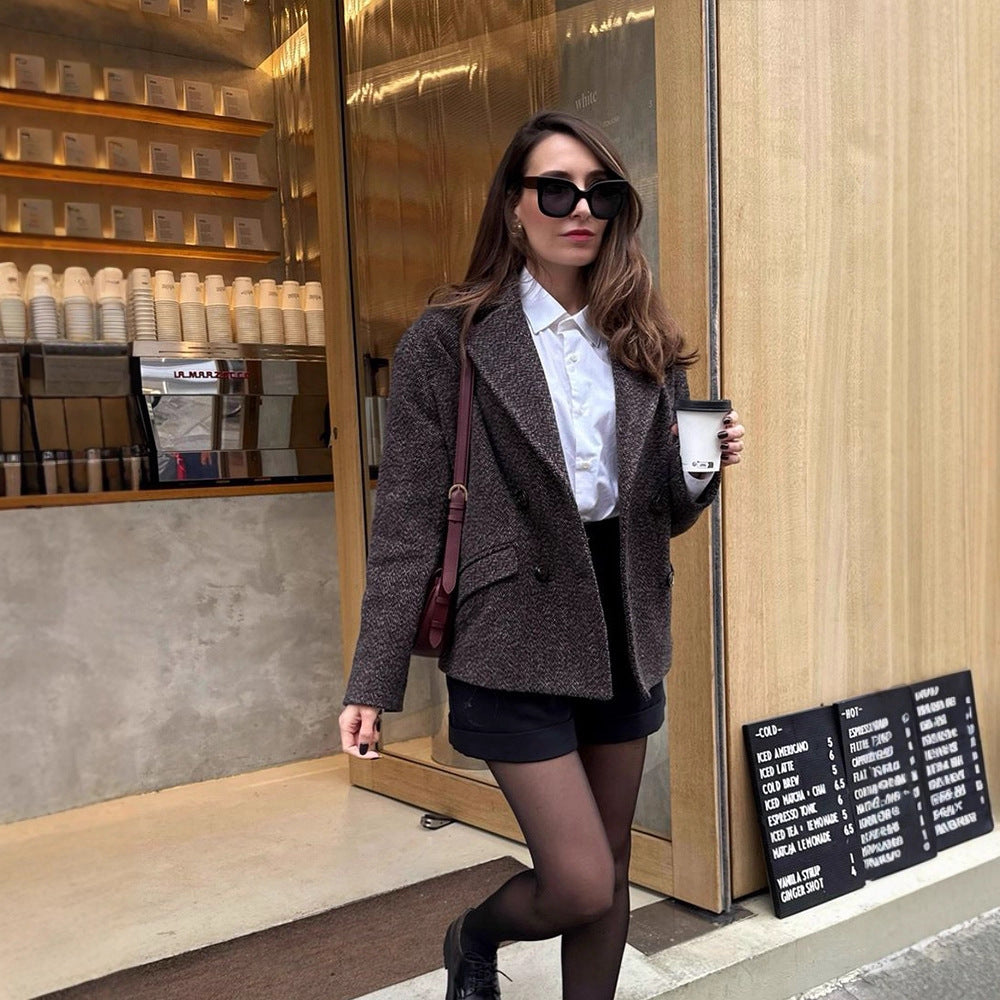Damen Kurztaillierter Doppelreiher-Blazer aus Bouclé‑Tweed Drune
