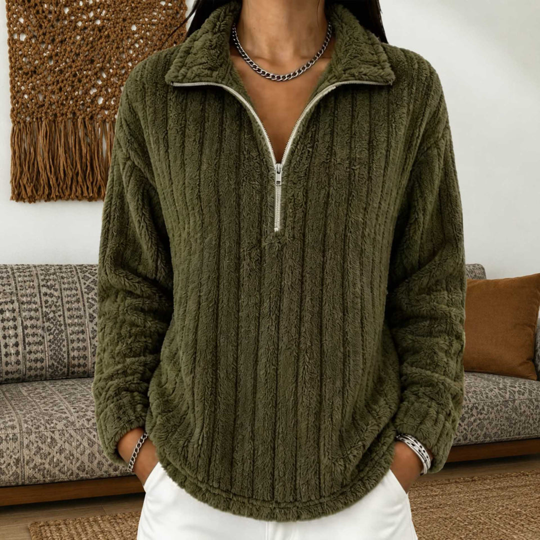 Damen Kuscheliger Plüsch-Halfzip-Pullover mit Stehkragen Drune