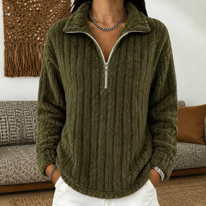 Damen Kuscheliger Plüsch-Halfzip-Pullover mit Stehkragen Drune