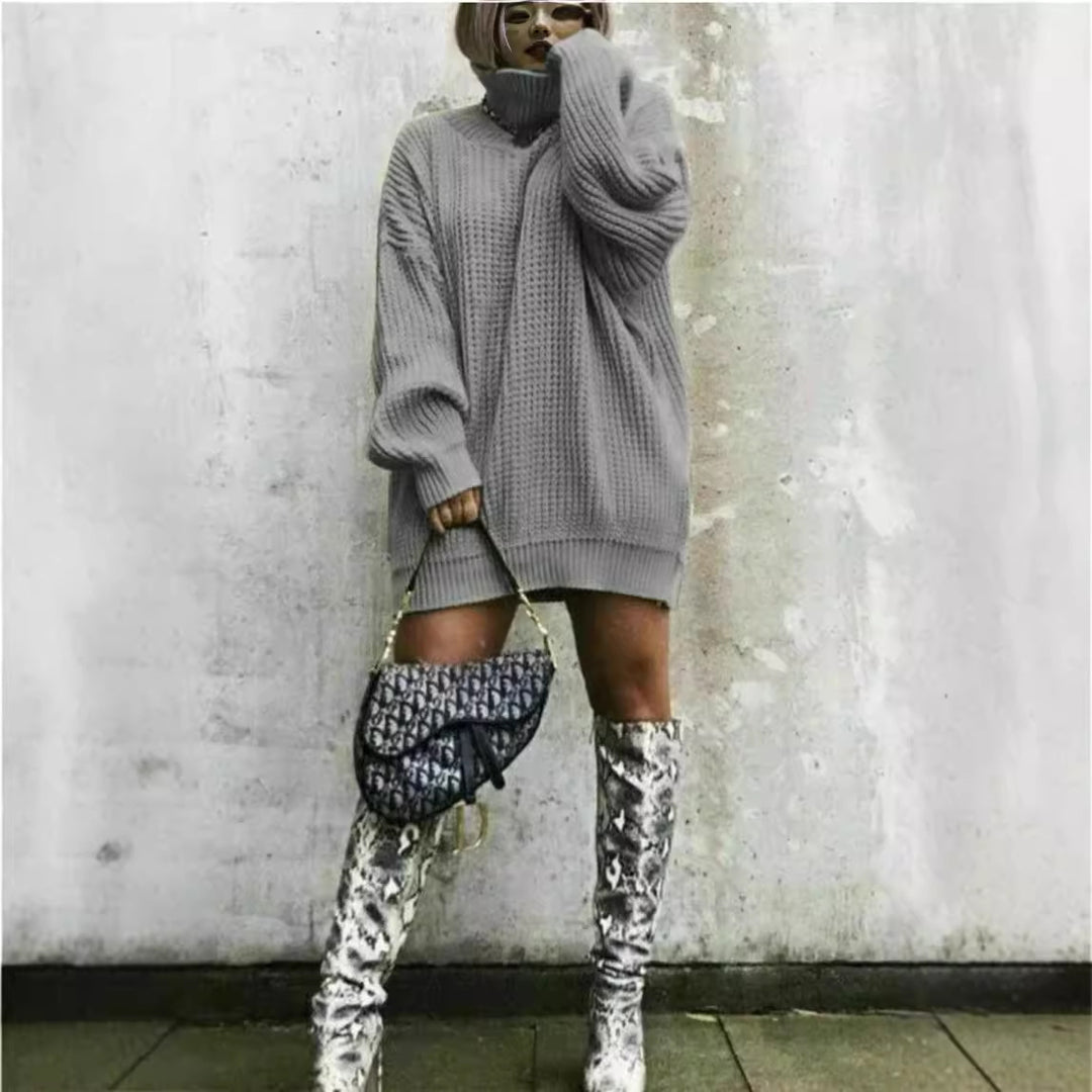 Damen Oversized Strickpullover mit hohem Kragen und Waffelmuster Drune