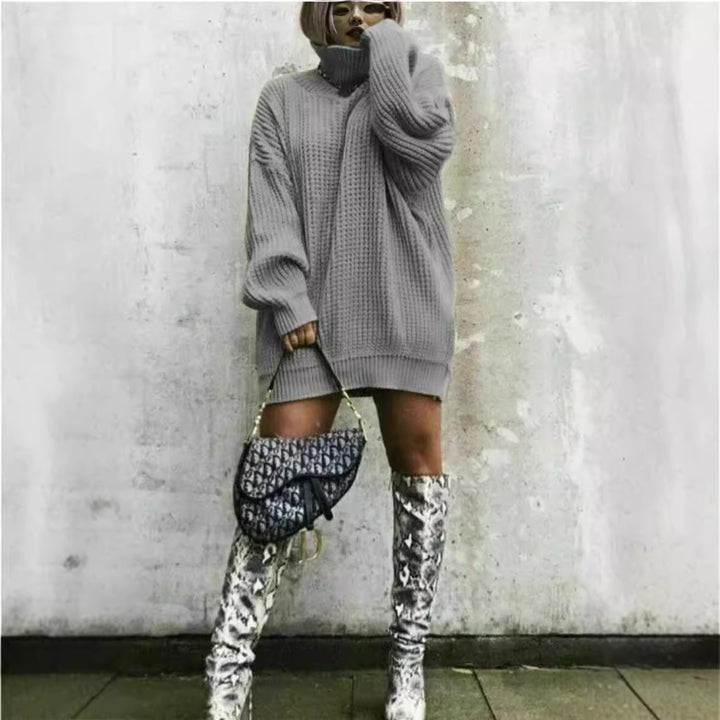 Damen Oversized Strickpullover mit hohem Kragen und Waffelmuster Drune
