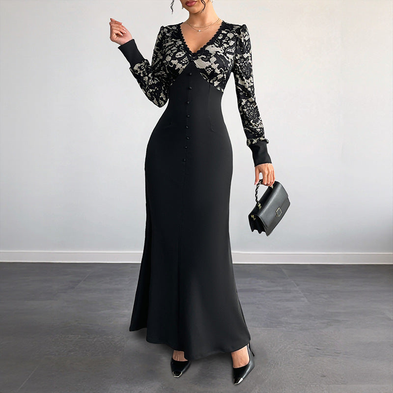 Damen Figurbetontes Maxikleid mit Spitzenoberteil, V‑Ausschnitt und Zierknopfleiste Drune