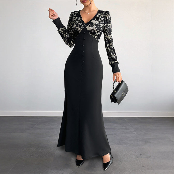 Damen Figurbetontes Maxikleid mit Spitzenoberteil, V‑Ausschnitt und Zierknopfleiste Drune