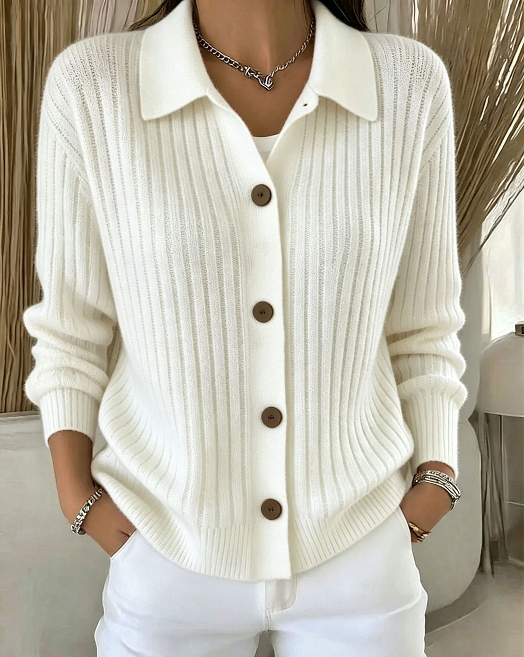 Damen Feiner gerippter Knopf‑Cardigan mit Hemdkragen und kastiger Silhouette Drune