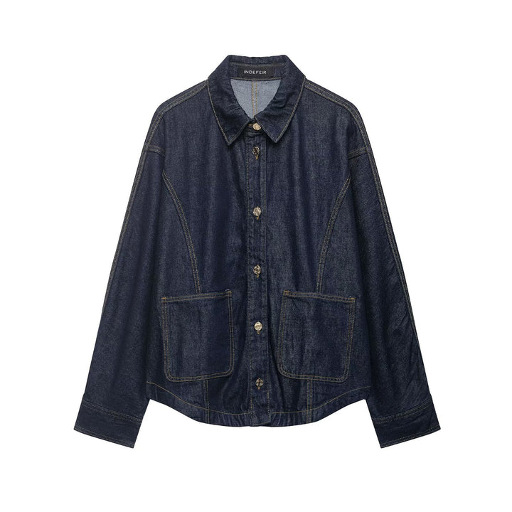 Damen Oversize-Denimjacke mit aufgesetzten Taschen und Ziernähten Drune