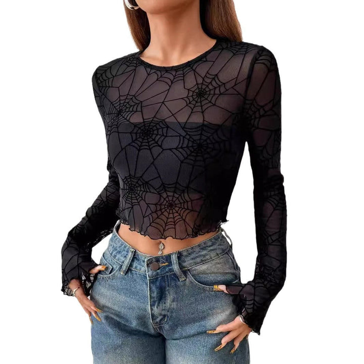Damen nan transparentes Netztop mit samtigem Spinnennetzprint und bauchfreiem Schnitt Drune
