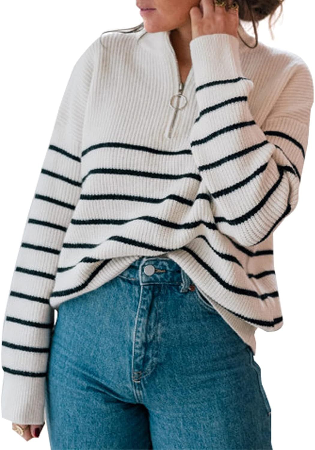 Damen lässiger Pullover mit kurzem Reißverschluss und Streifenmuster Drune