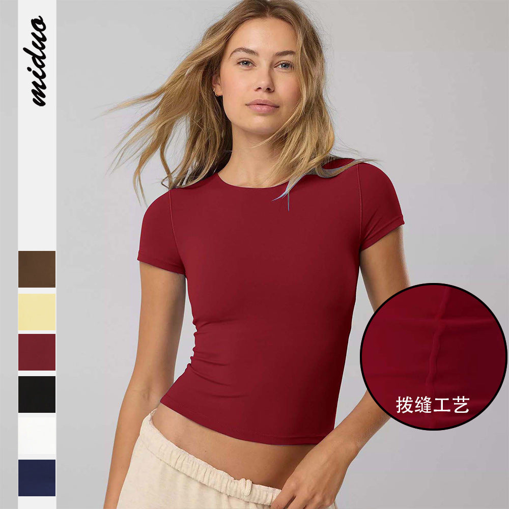 Damen figurbetontes Kurzarmshirt aus elastischem Baumwollmix mit Rundhalsausschnitt und nahtlosem Design Drune