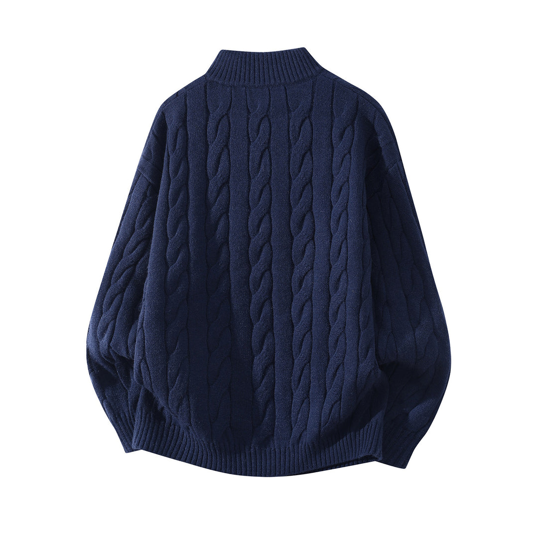 Damen Oversize Zopfmuster-Halbreißverschluss-Pullover mit Ballonärmeln und Stehkragen Drune
