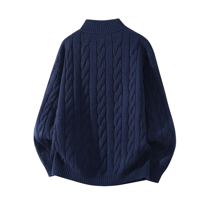 Damen Oversize Zopfmuster-Halbreißverschluss-Pullover mit Ballonärmeln und Stehkragen Drune