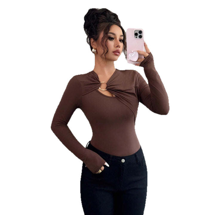 Damen nan figurbetonter Langarm-Body mit Leopardenprint und Zier-Ring Drune