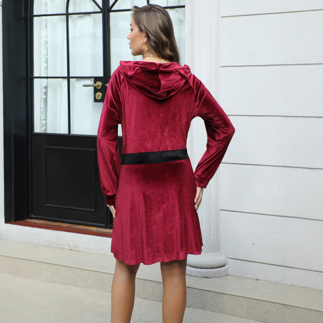 Damen Samt-Kapuzenkleid mit Reißverschluss, Taillengürtel & Katzenohren Drune