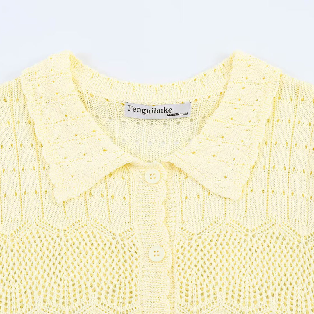 Damen Kurzarm Strickjacke mit feinem Lochmuster und klassischem Kragen Drune