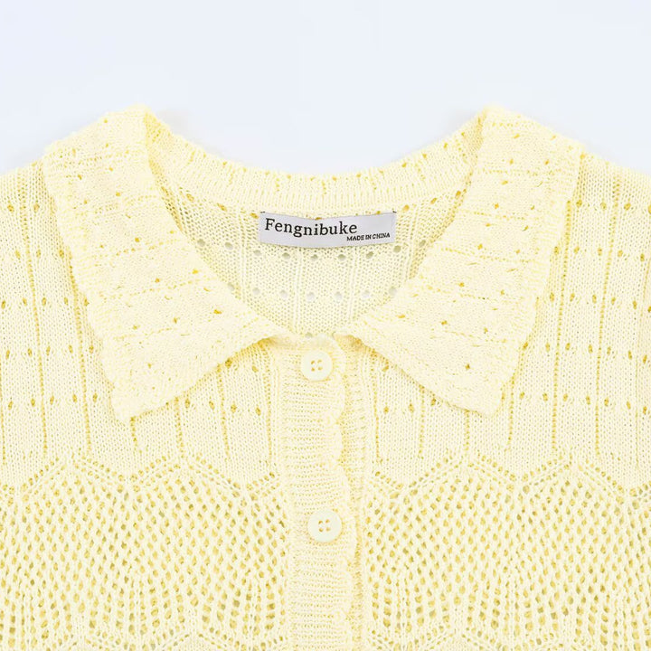 Damen Kurzarm Strickjacke mit feinem Lochmuster und klassischem Kragen Drune