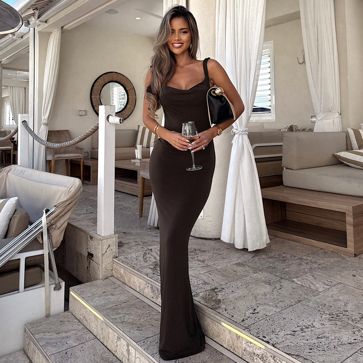 Damen elegantes Maxikleid mit Spaghettiträgern und figurbetonter Silhouette Drune