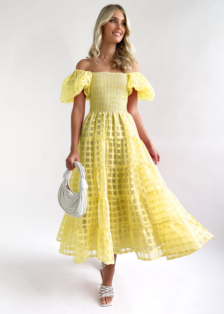 Damen Maxi-Kleid mit Puffärmeln und elastischem Oberteil Drune