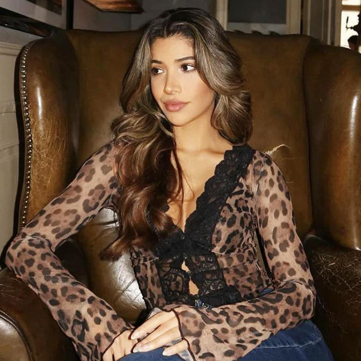 Damen Elegant geschnittenes Top mit animalischem Muster und Rüschendetails Drune