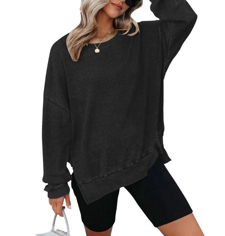 Damen Lässiger Waffelpullover mit modernen Seitenschlitzen Drune
