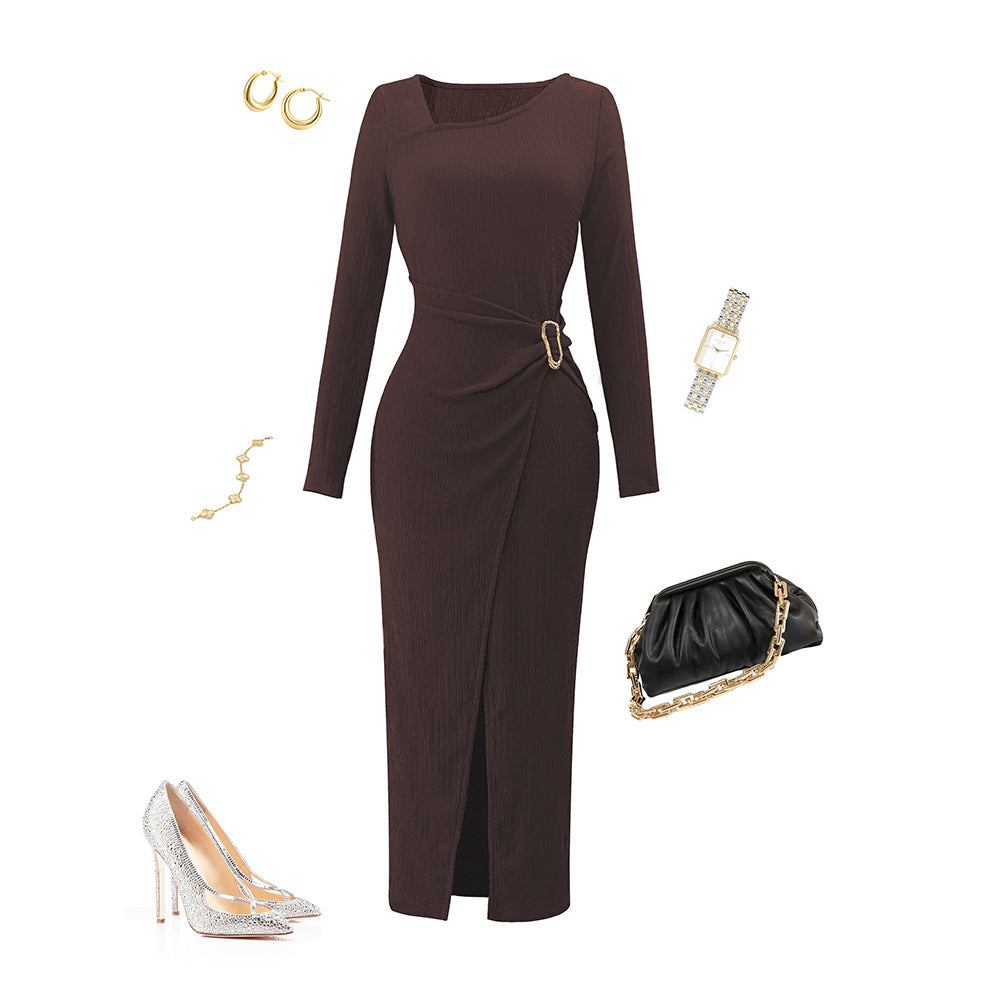 Damen asymmetrisches Wickel-Midikleid mit Ziergürtel, Drapierung und hohem Beinschlitz Drune