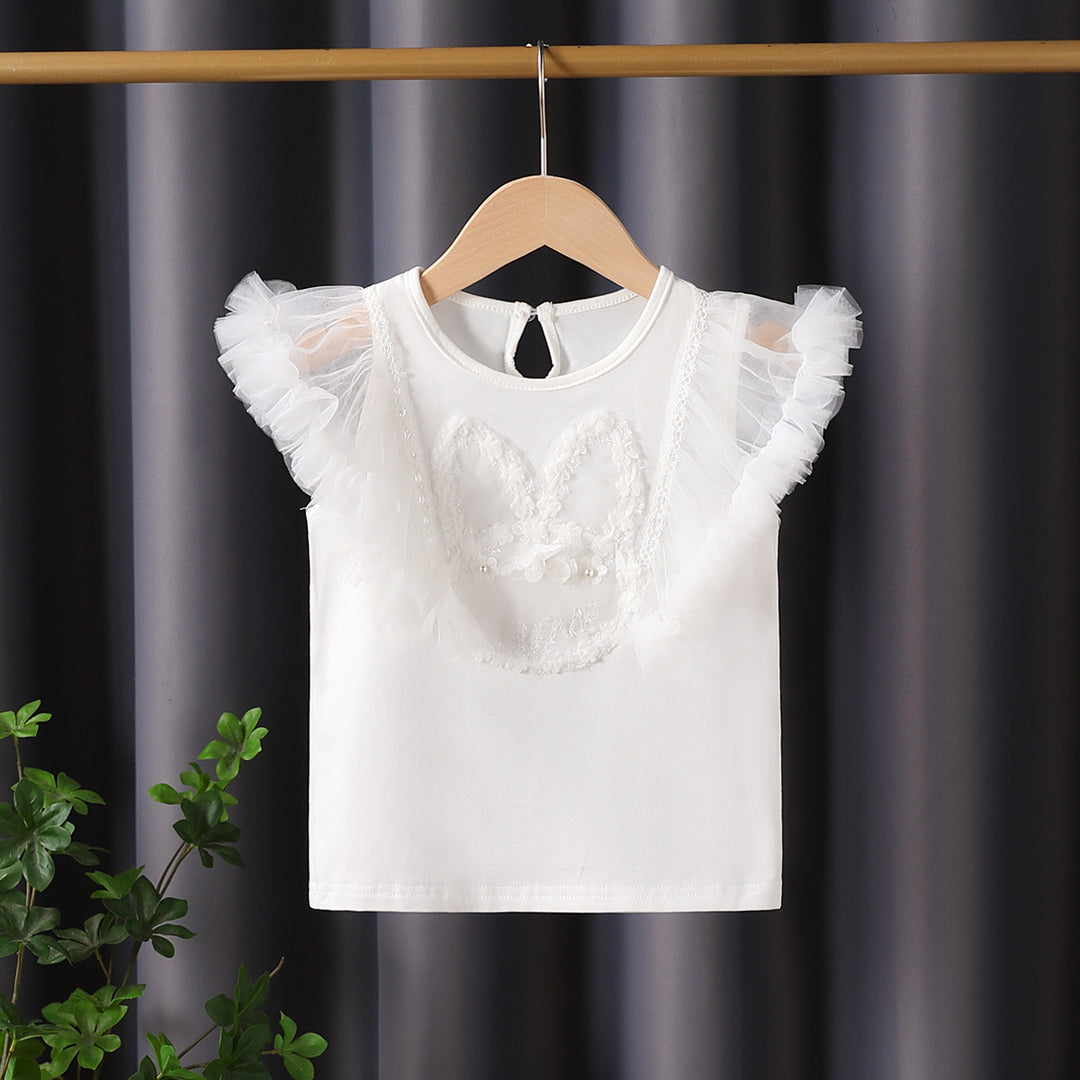 Mädchen T-Shirt mit luftigen Tüllärmel und besticktem Bunny-Motiv Drune