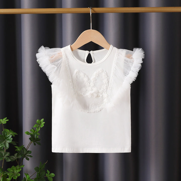 Mädchen T-Shirt mit luftigen Tüllärmel und besticktem Bunny-Motiv Drune