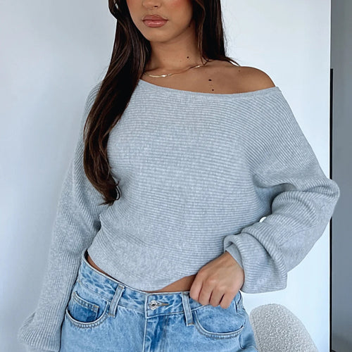 Damen lässiger Crop-Pullover mit asymmetrischem Ausschnitt und Rippstruktur Drune