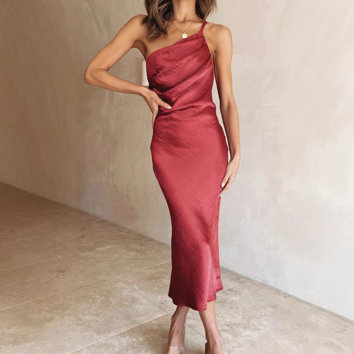 Damen Satin-Midikleid mit asymmetrischem Schnitt und elegantem Flair Drune