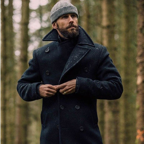Herren eleganter doppelreihiger Wollmantel mit strukturiertem Obermaterial Drune