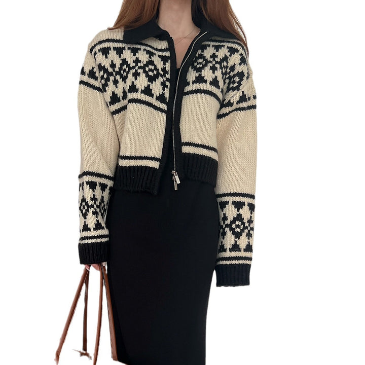 Damen Strickjacke mit floralem Muster und hoher Kragen Drune