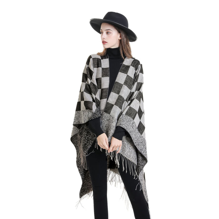 Damen Oversize-Poncho mit Karomuster und Fransen Drune