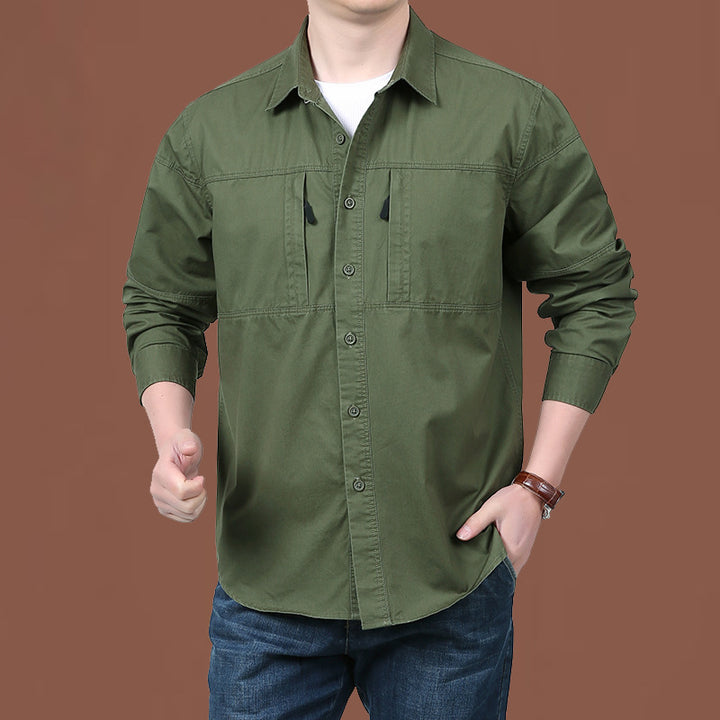 Herren nan leichtes Baumwoll-Utility-Overshirt mit zwei verdeckten Brusttaschen und klassischem Kentkragen Drune