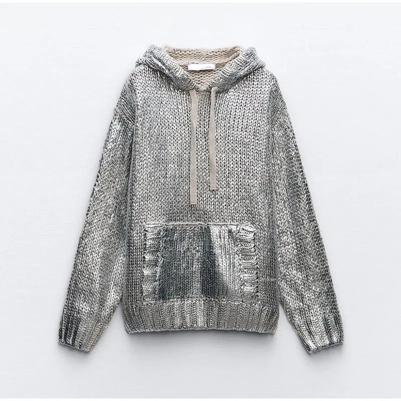 Damen Glitzernder Strickpullover mit Kapuze und praktischer Kängurutasche Drune