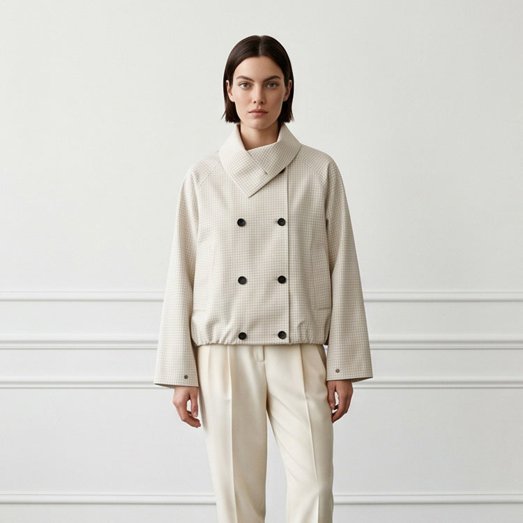 Damen Kurze Doppelreiher-Blousonjacke mit Wickelkragen und Raglanärmeln Drune