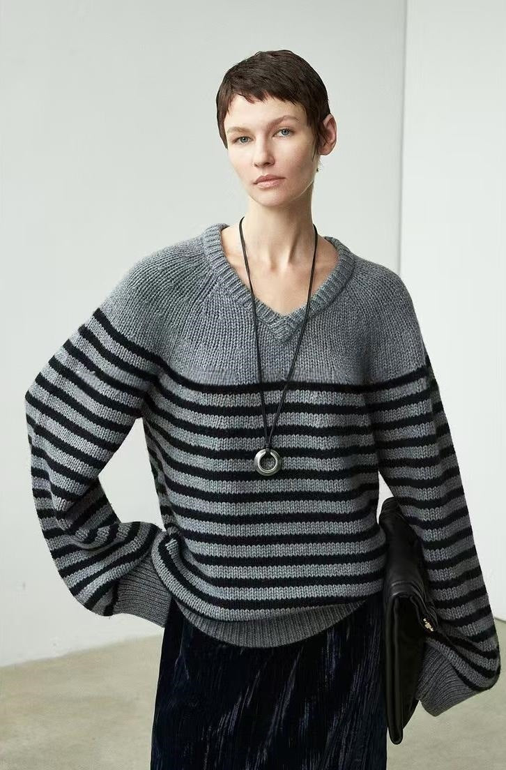Damen lässiger V-Ausschnitt Pullover mit Streifen Drune