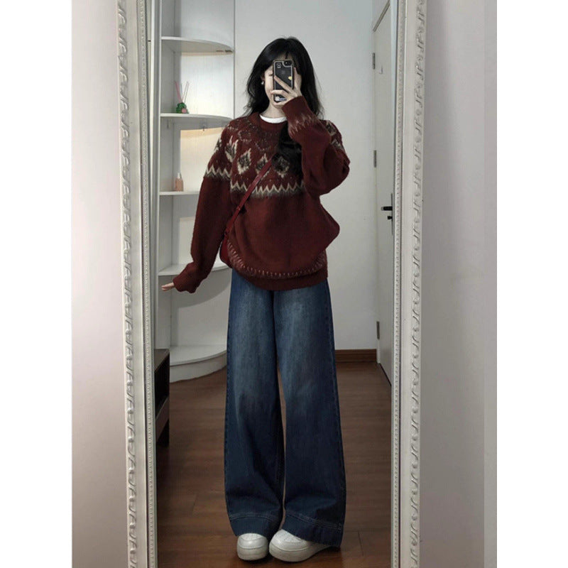 Damen Modischer Pullover mit traditionellem Muster Drune